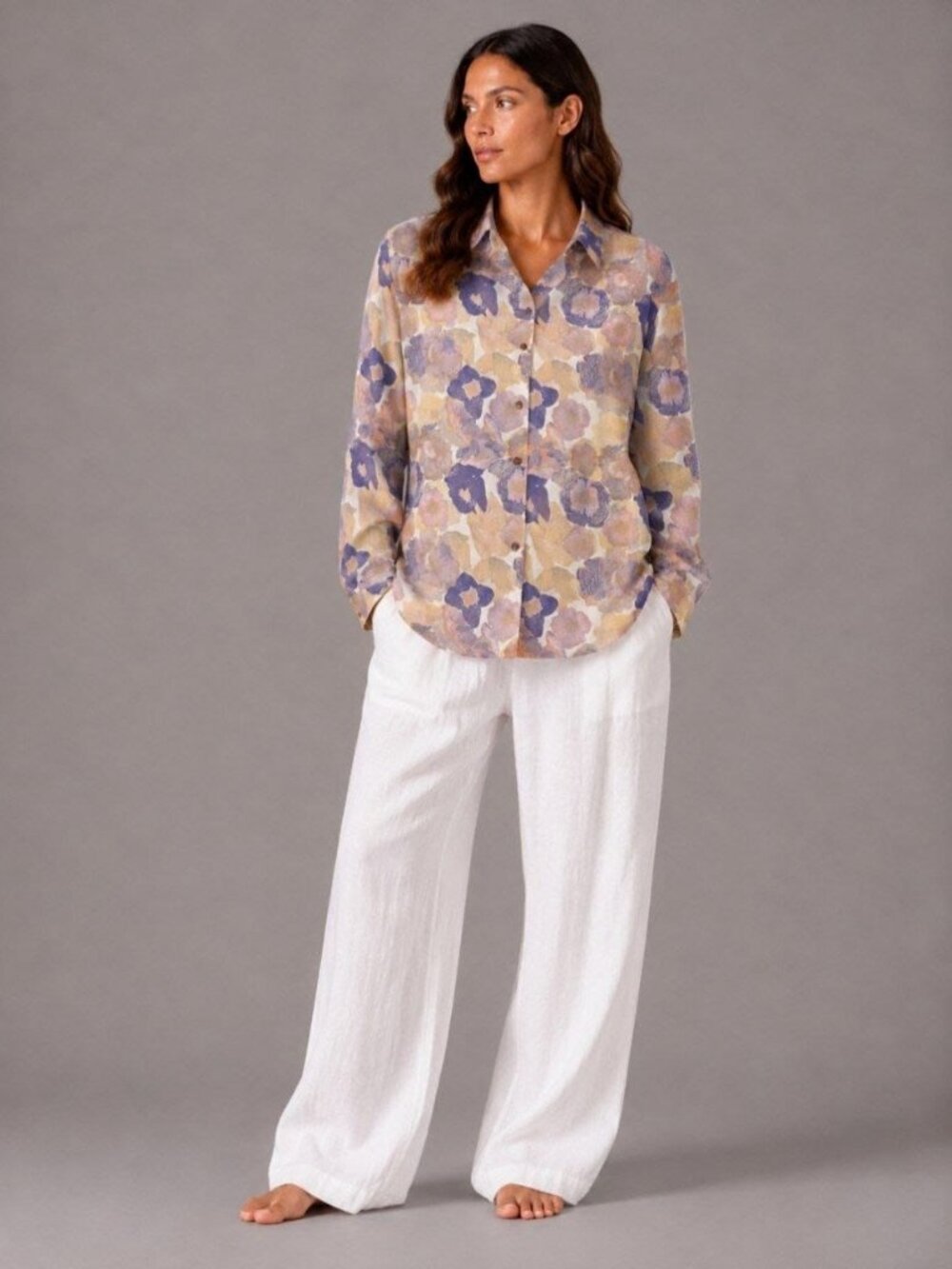 Women’s Cotton Viscose Floral Button Down Shirt Purple Beige Long Sleeve L/XL